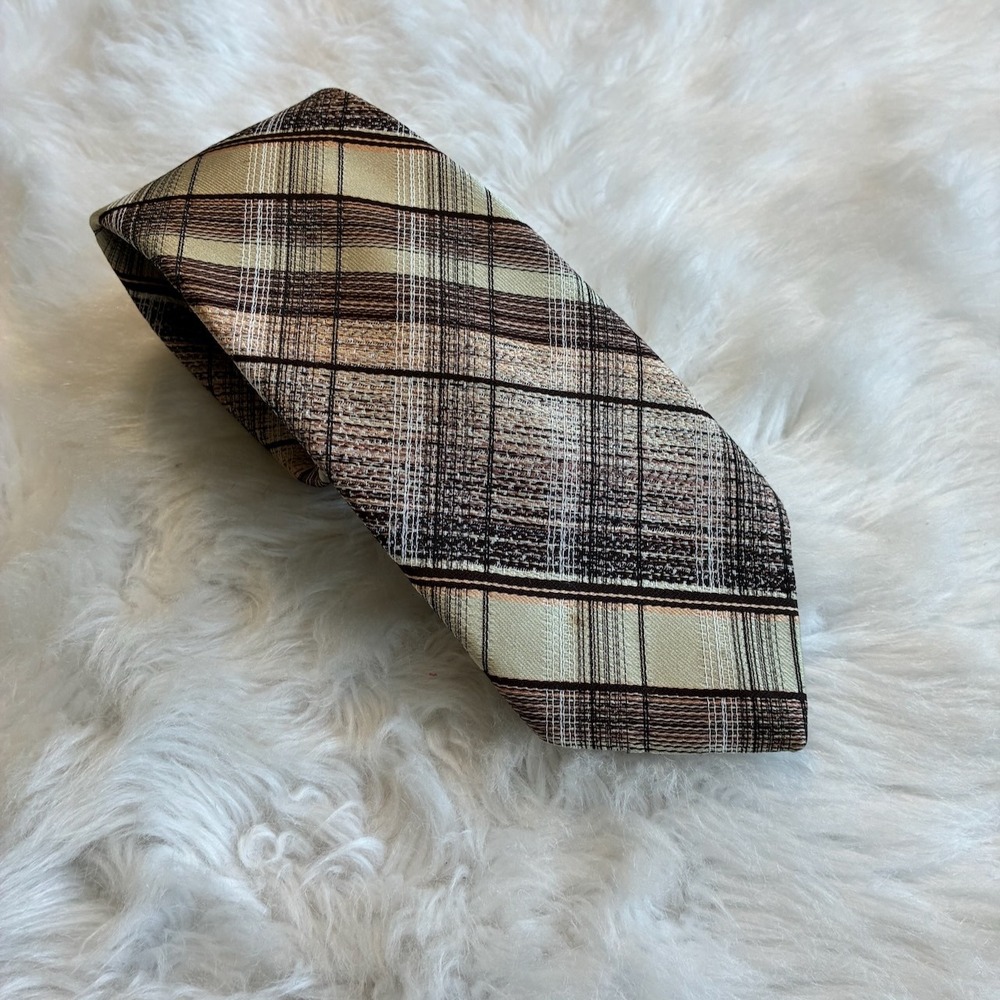 Vintage Mens Plaid Tie Brown Tan Cream Textured Retro Wide Necktie